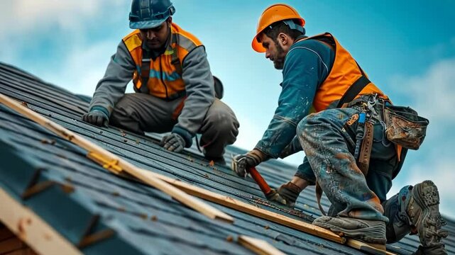 Roofing experts working on a residential building during the day in clear weather to complete a roofing project