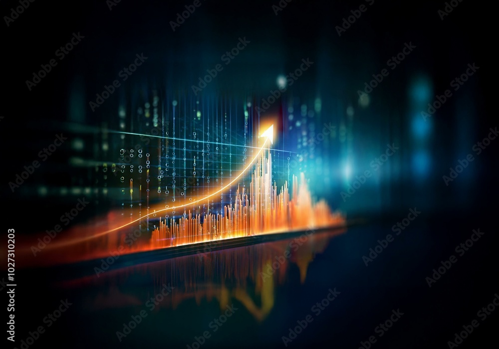 Aufkleber An orange arrow pointing up rises from a background of blurred data and digital graphs, suggesting growth and progress.