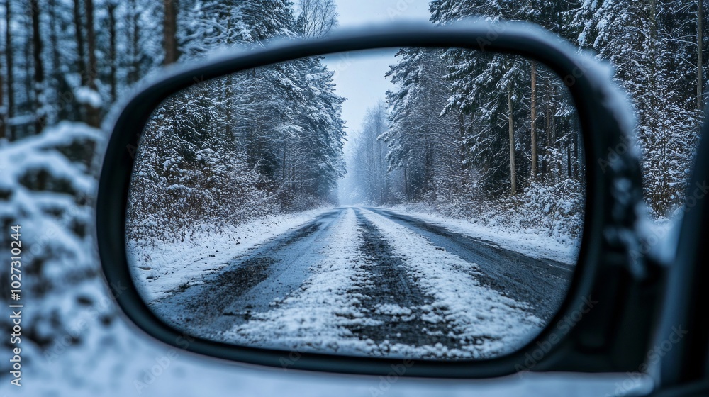 Poster a mirror reflection of a snowy road with trees in the background