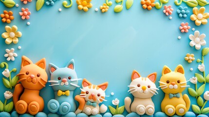 Naklejka premium Five cats made of colorful fondant with a floral border on a blue background.