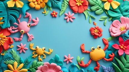 Fototapeta premium A blue background with a border of flowers, leaves, and crabs made of playdoh.