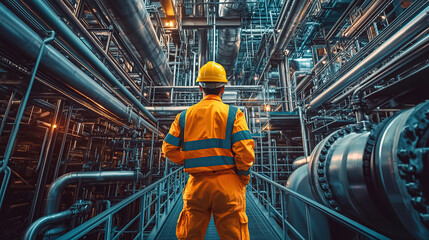 Industrial Engineer Inspecting a Complex System of Pipes