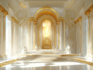a luxurious room, featuring a large, ornate throne with a red cushion and gold trim. The room is filled with white marble columns and arches, and is illuminated by sunlight streaming in through the wi