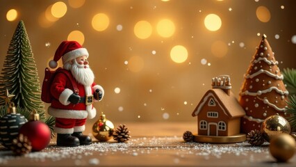 Christmas card on a gold background of fir branches,Christmas balls,gingerbread houses, Santa and teddy bears on a gold background. Sparkling bokeh. Free space for text