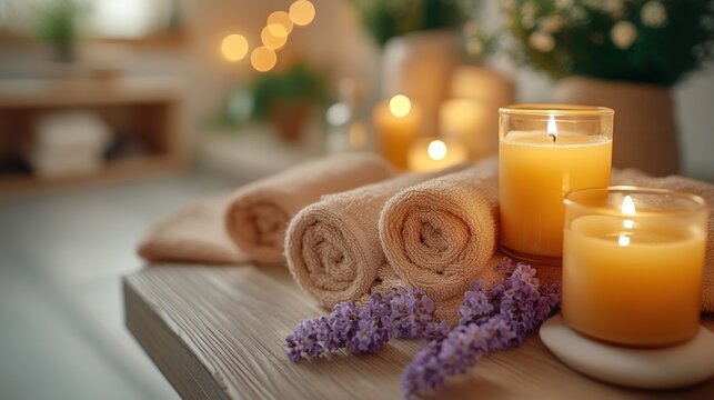 Relaxing spa party setting with candles, towels, herbal tea, and soothing decor in warm natural light