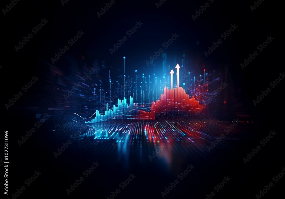 Aufkleber A futuristic abstract background with red and blue glowing lines, and a red bar chart rising upwards.