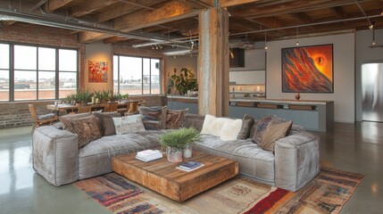 Modern industrial living space with exposed metal beams and natural light enhancing light colored decor