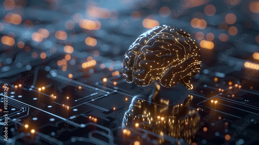 Poster a digital rendering of a glowing blue brain on a circuit board.
