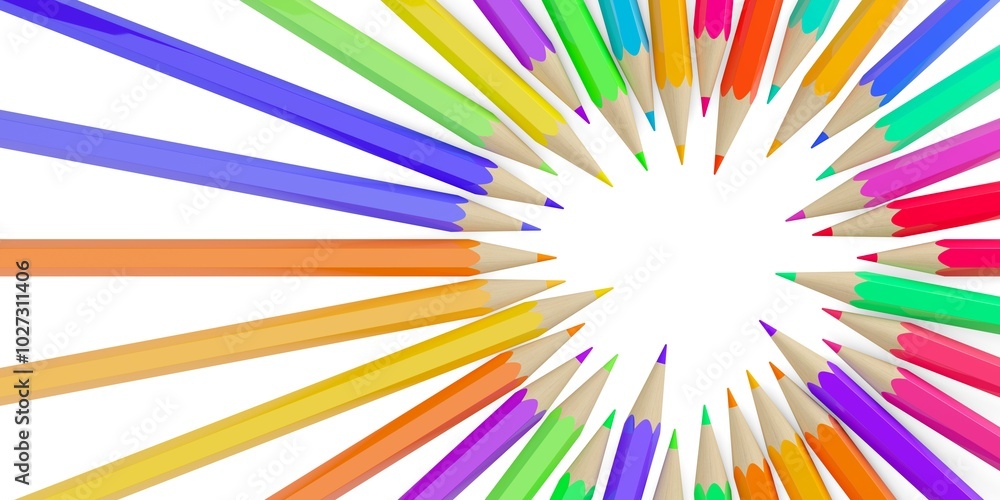 Poster large circle of randomly colored pencils offset on white background with copy space flat lay, back t