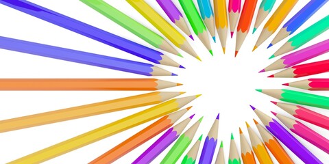 Obraz premium Large circle of randomly colored pencils offset on white background with copy space flat lay, back to school, idea or creativity concept background