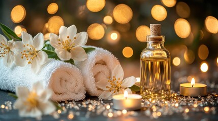 Relaxing spa party setup with essential oils, candles, and fresh flowers in a warm, inviting atmosphere