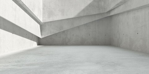 Abstract empty, modern concrete courtyard room with polygonal offset stepped walls and rough floor - industrial interior background template