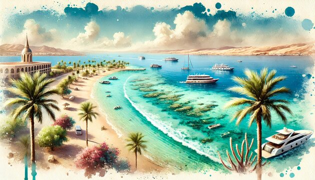A watercolor painting of Kish Island, featuring turquoise waters, sandy beaches, swaying palm trees, and yachts under a bright sky.