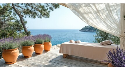 Obraz premium Elegant spa terrace with a massage table overlooking the tranquil Mediterranean Sea and fragrant herbs