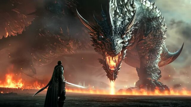 Epic battle between a warrior and a giant dragon in a fiery landscape during a fantasy realm