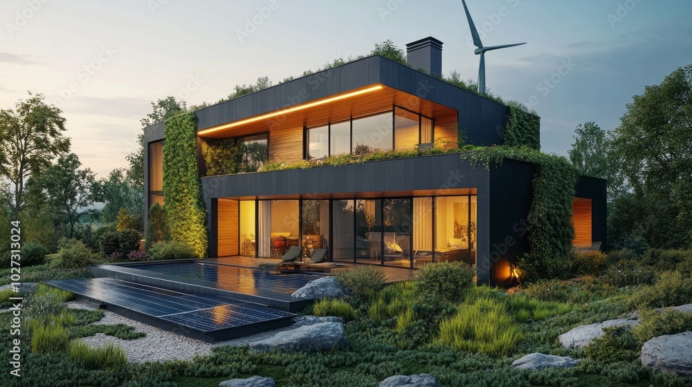 Poster a large house with a pool and a wind turbine