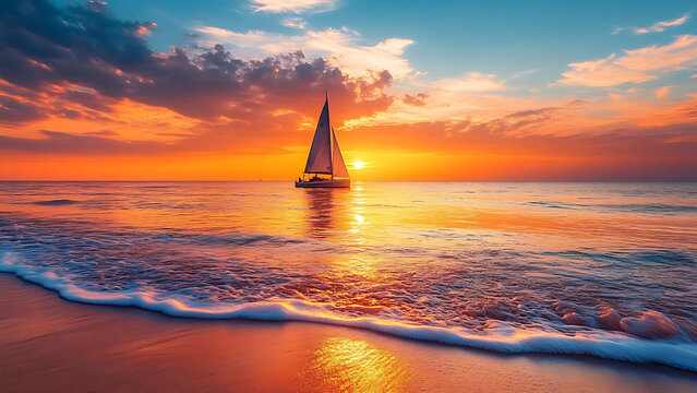 A sailboat on a calm ocean at sunset. Waves gently lap a sandy beach.