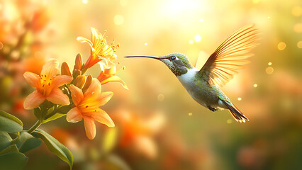 Obraz premium A hummingbird with colorful feathers is in flight, hovering near an orange flower.