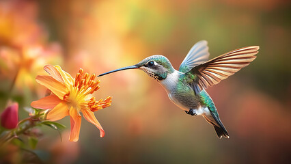 Fototapeta premium A hummingbird with colorful feathers is in flight, hovering near an orange flower.