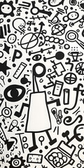 Obraz premium This artistic black and white illustration is filled with various sciencethemed doodles and abstract figures along with symbols, creating a complex and intricate pattern
