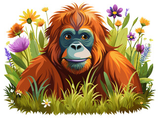 Obraz premium orangutan with flowers, orangutan illustration vector, Sumatran orangutan vector art isolated on white