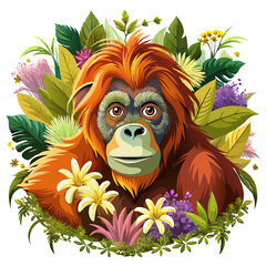 orangutan with flowers, orangutan illustration vector,  Sumatran orangutan