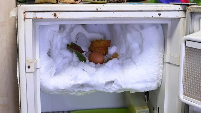 The freezer compartment refrigerator is covered with pieces of ice in which a chicken egg lies.