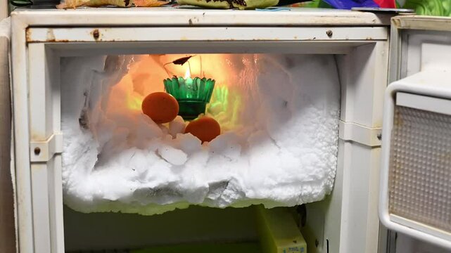 The freezer compartment of the refrigerator is covered with pieces ice in which chicken egg lies.