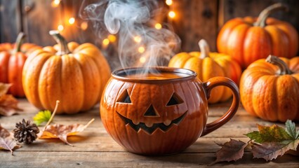 Warm pumpkin soup in a jack-o'-lantern mug surrounded by autumn decorations
