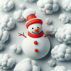 Fototapeta premium A cheerful snowman wearing a red hat and scarf, surrounded by fluffy snow clouds, creating a whimsical winter scene.