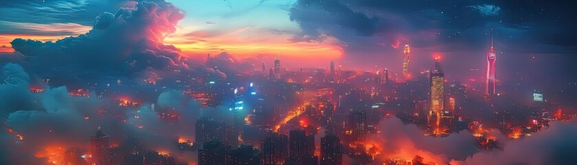 Fototapeta premium Aerial view of a vibrant fantasy city, illuminated with neon lights, swirling clouds above, diverse landscapes merging