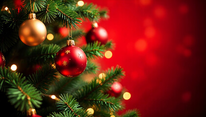 Close-up of a Christmas tree decorated with beautiful ornaments and glowing lights, on a colorful background. A festive christmas atmosphere.