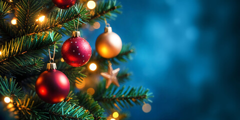 Fototapeta premium Close-up of a Christmas tree decorated with beautiful ornaments and glowing lights, on a colorful background. A festive christmas atmosphere.