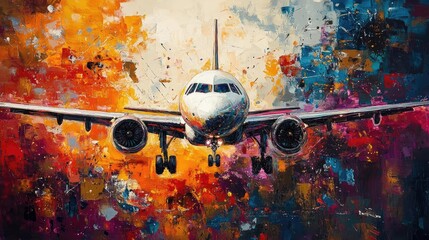 Aviation milestones cascading into financial trends, vibrant abstract art depicting growth and innovation, striking contrasts