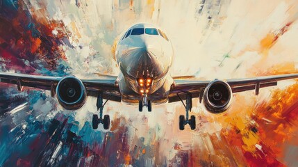 Aviation milestones cascading into financial trends, vibrant abstract art depicting growth and innovation, striking contrasts