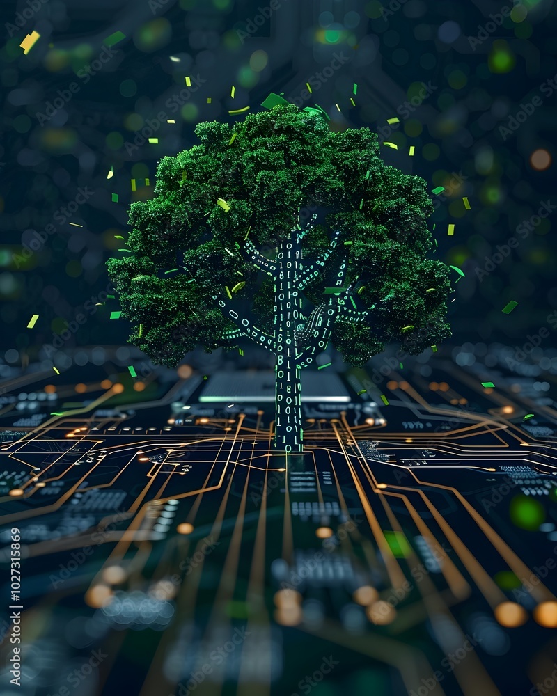 Poster a digital tree emerging from a motherboard its leaves displaying binary code symbolizing the organic