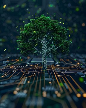 A digital tree emerging from a motherboard its leaves displaying binary code symbolizing the organic growth of digital ecosystems
