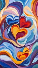 Fototapeta premium Birds-eye view of intertwining hearts, in colorful abstract swirls, conveying romances dynamic journey