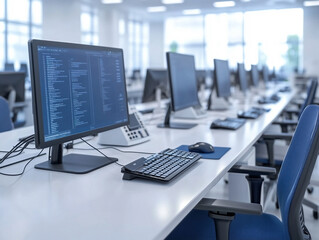 Modern Open Office With Computers And Blue Chairs Professional Workspace 
