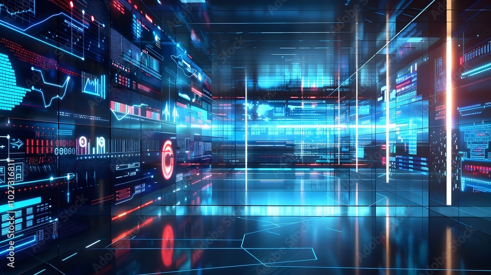 Poster futuristic digital workspace with real time analytics and project visibility for aligned teams