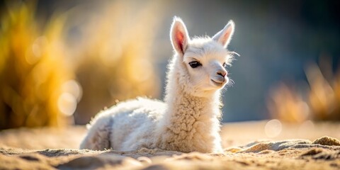 Fototapeta premium Charming baby white llama lounging in warm sand, captured in tilt-shift photography. This playful scene radiates tranquility and innocence, perfect for animal lovers.