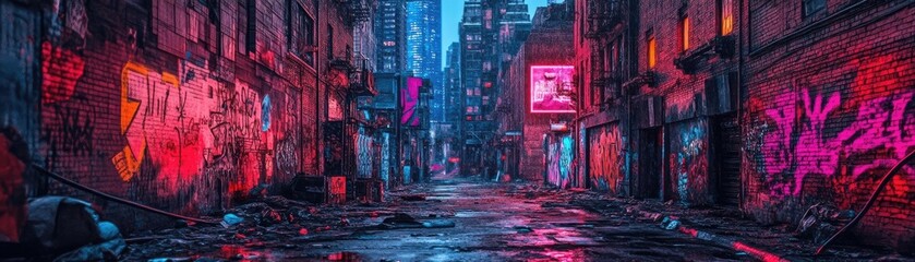 Fototapeta premium Dystopian alleyway filled with twisted metal and neon graffiti, drenched in surreal, dreamlike colors