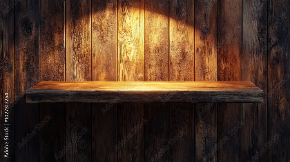 Poster A shelf with a wooden frame and a light shining on it