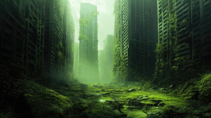 Fototapeta premium Expansive view of a minimalist dystopian metropolis, crumbling facades and overgrown plants, hints of a lost civilization beckoning