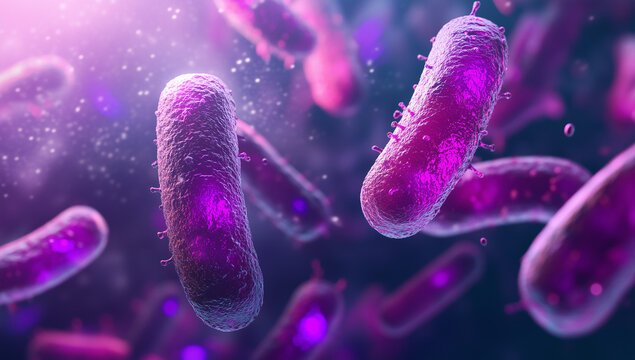 3D render of a close-up view of vibrant violet and pink bacteria in the background.