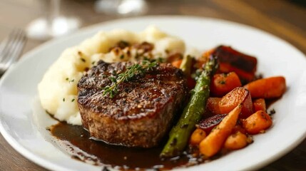 Indulge in a Gourmet Steak Dinner with Mashed Potatoes and Seasonal Vegetables