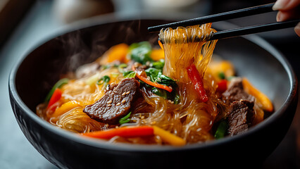 A dark bowl of glass noodles with beef, colorful peppers, and greens. Chopsticks are picking up some noodles.