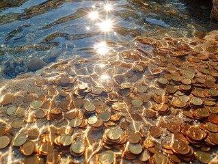water with shimmering gold coins glistening in the light, creating a beautiful contrast with the rippling water.