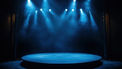 Blue Spotlight Illuminates a Stage with a Circular Platform