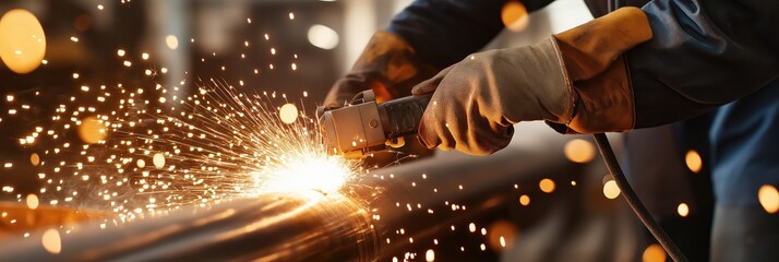 A person in gloves uses a power tool, producing a shower of bright sparks that vividly contrast against the darker backdrop of an industrial environment.